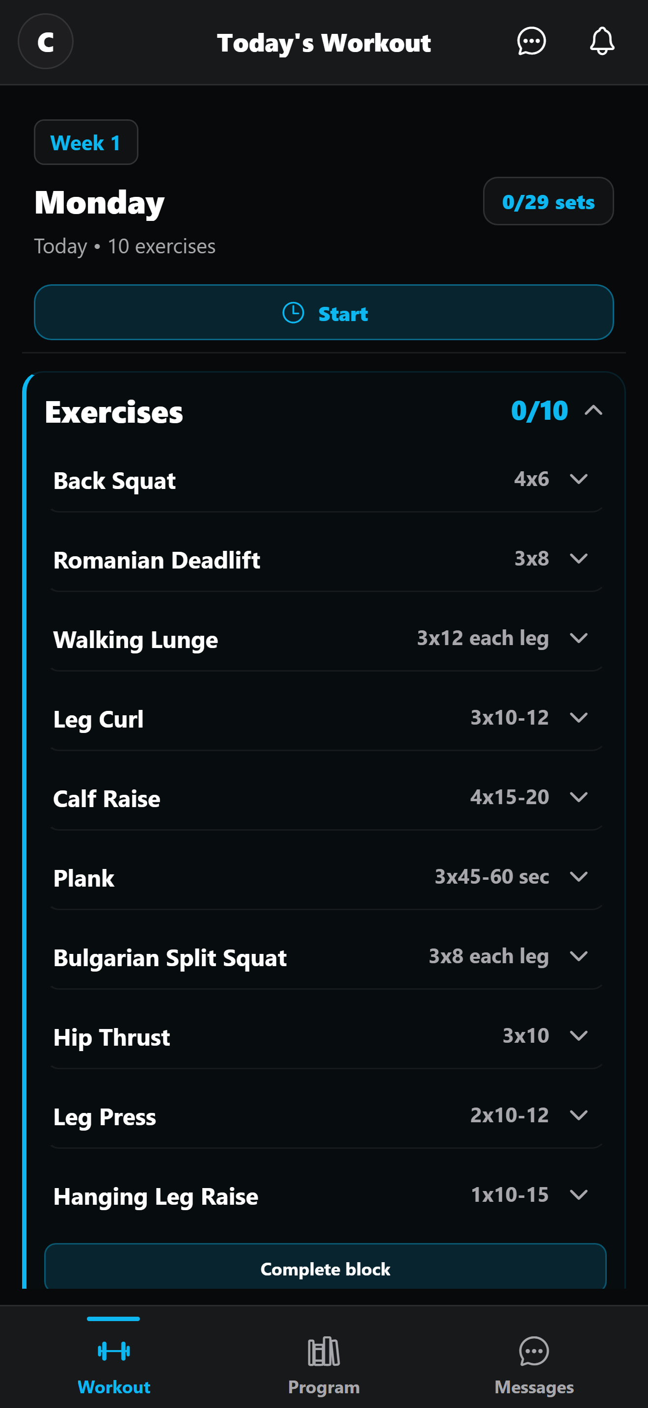 Client workout showing the assigned exercises and set targets.