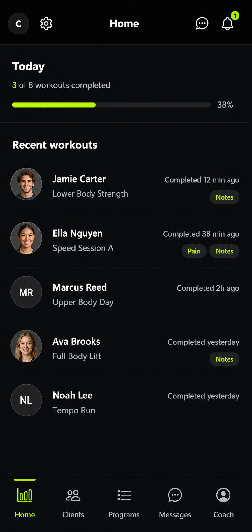 37 Training coach dashboard showing client review and training tasks.