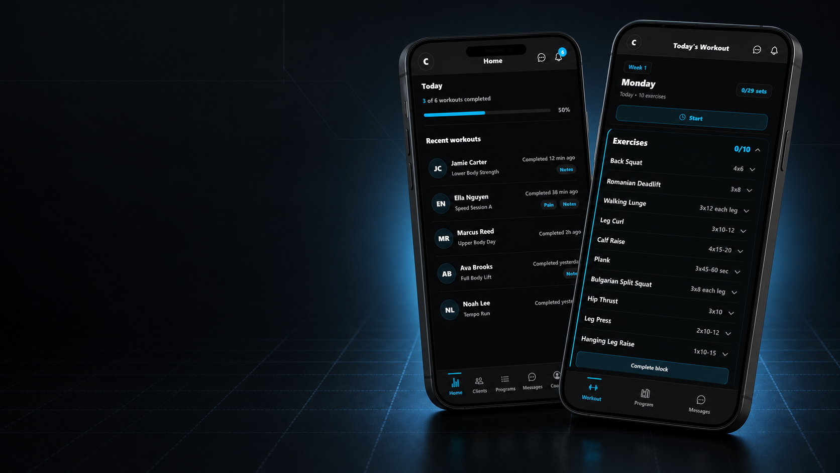 37 Training coach dashboard and client workout shown on two phones.